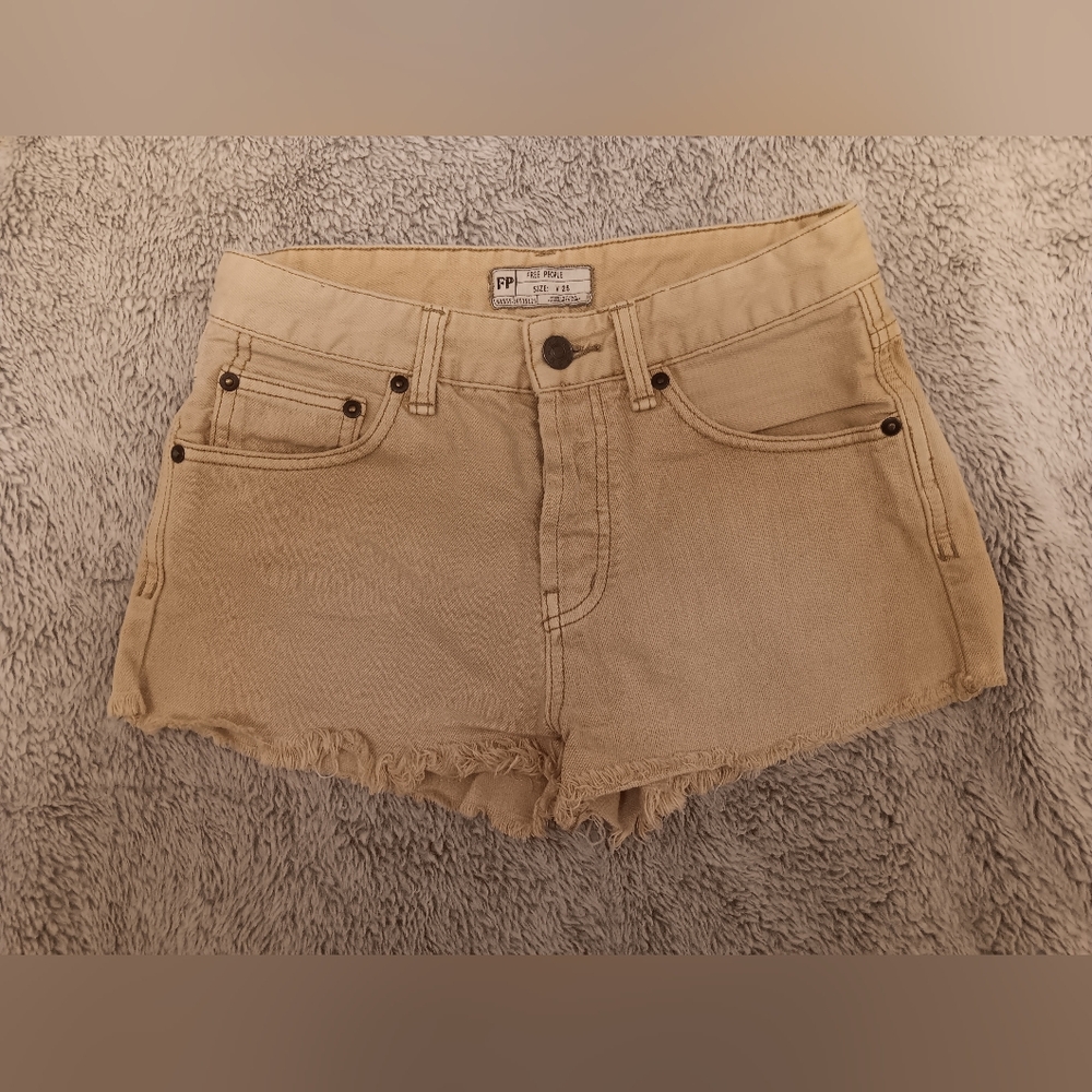 Free People Tan Jean Shorts with Frayed Hem
